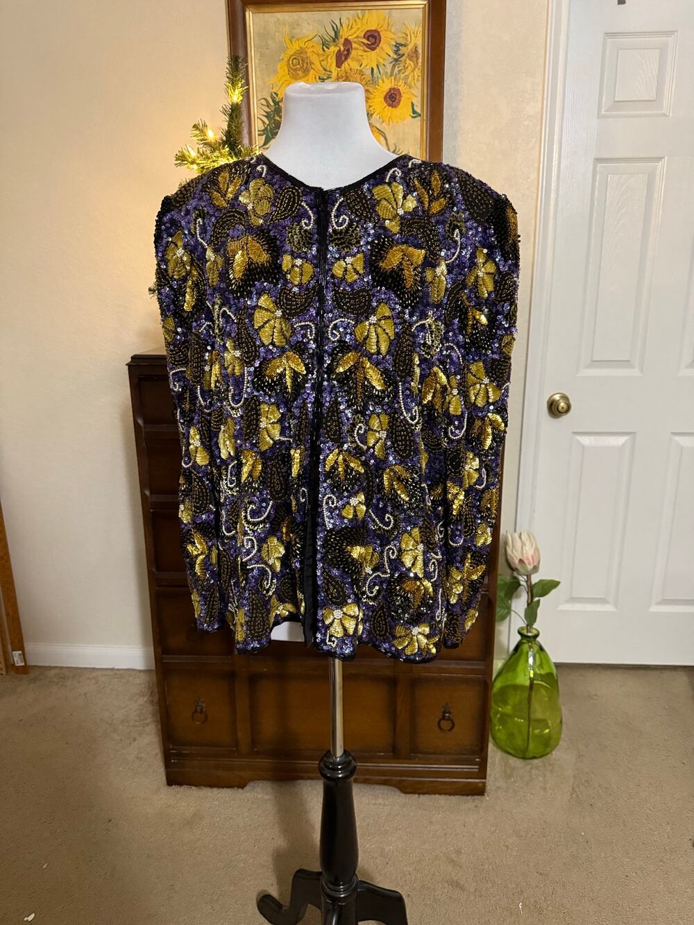 Vintage Lawrence Kazar Beaded Jacket – Purple & Gold Sequin Floral – Plus Size